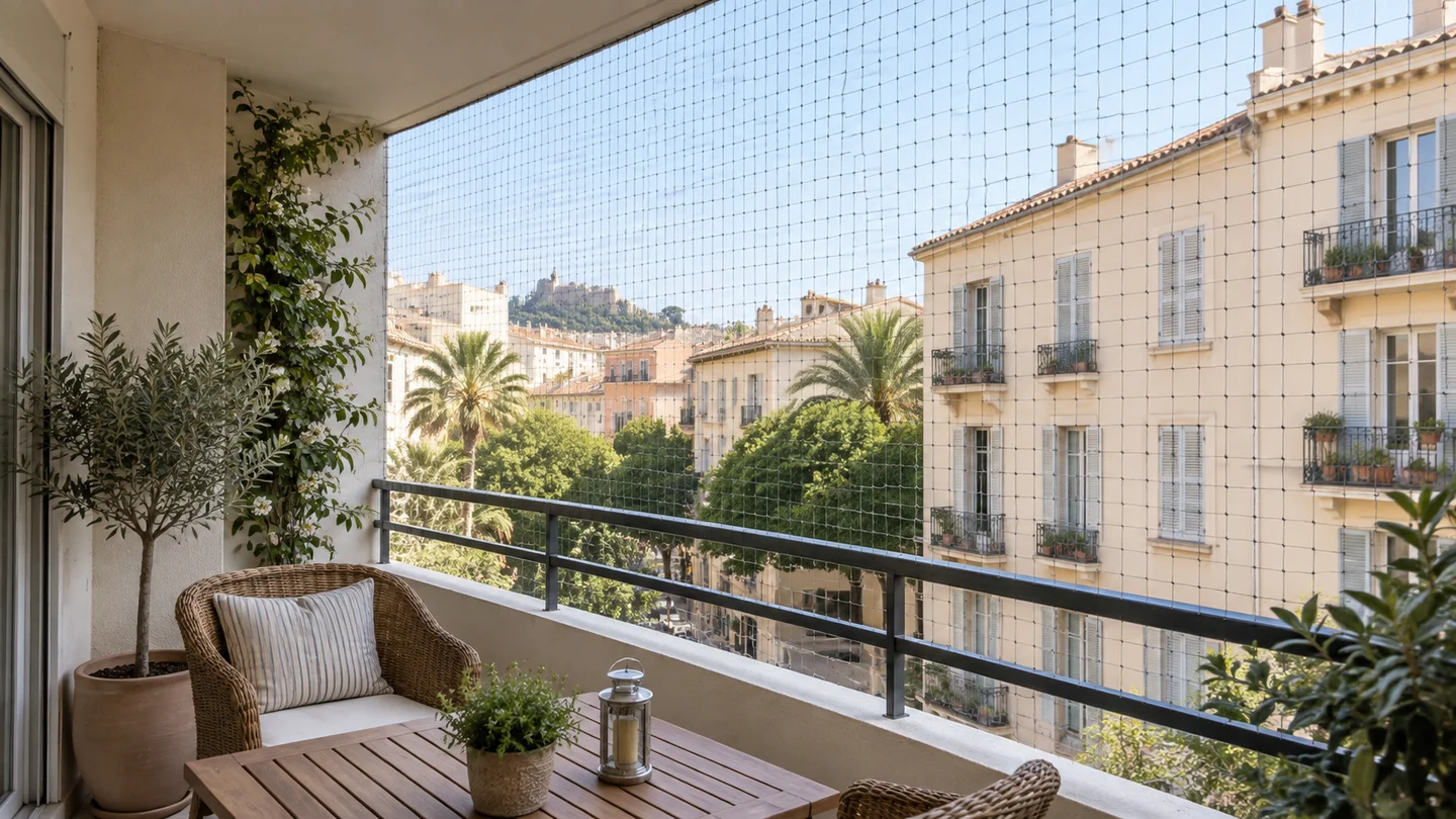 Balcon équipé d’un filet de protection anti-oiseaux — illustration générée