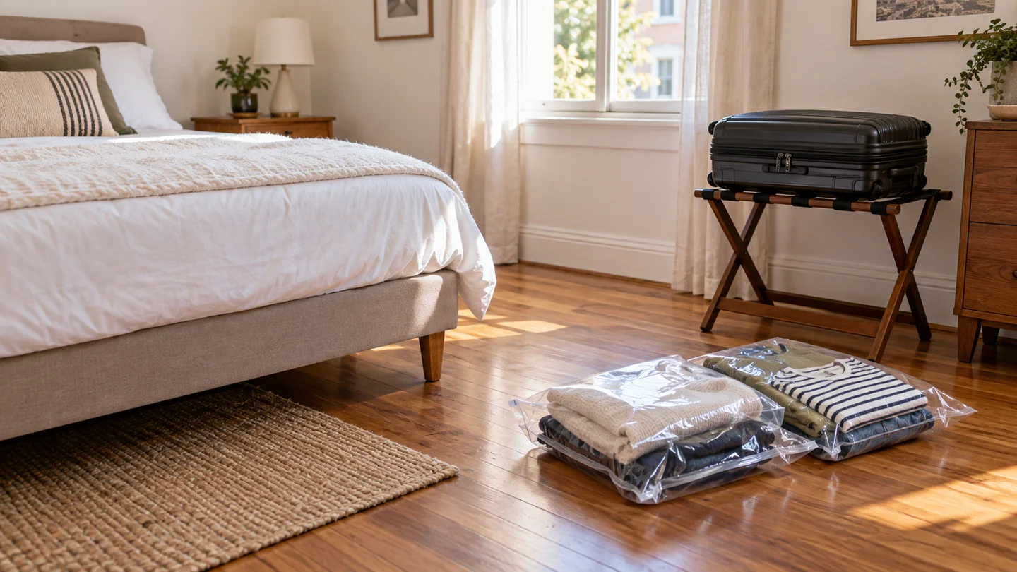 Chambre avec bagages et linge rangé dans des sacs fermés — illustration générée
