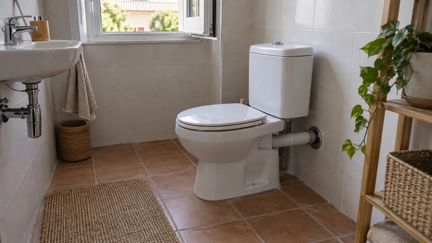 Salle de bain avec toilettes et canalisation visible — illustration générée
