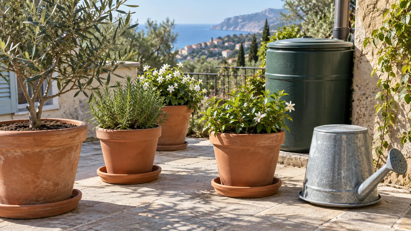 Terrasse méditerranéenne avec pots et réserve d’eau couverte — illustration générée