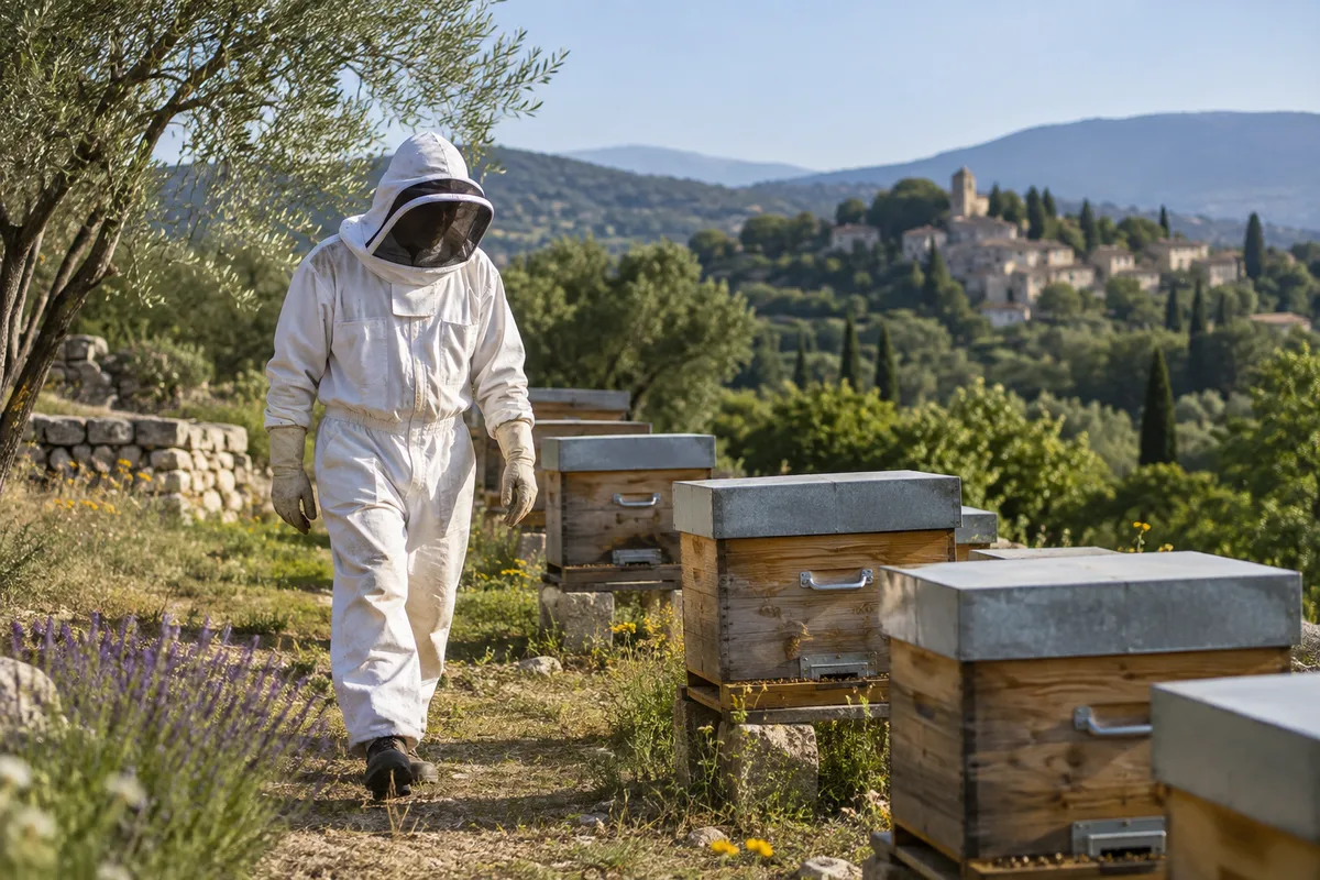 Un apiculteur en tenue de protection marche près de ruches fermées.