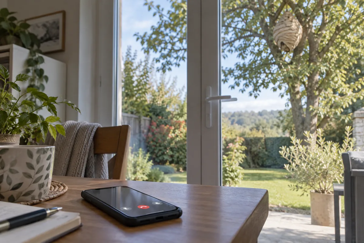 Un téléphone est posé à l’intérieur devant une porte-fenêtre fermée donnant sur un jardin.