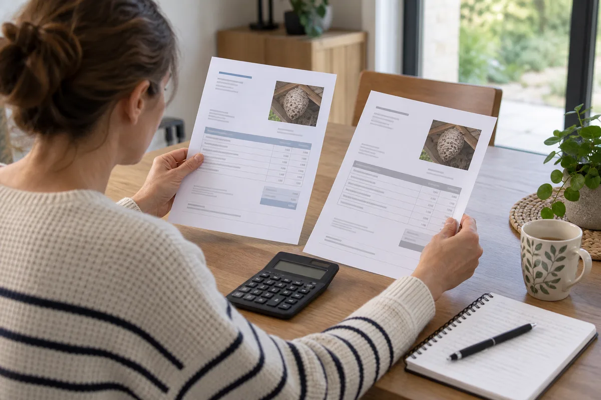Une personne examine deux documents de devis illustratifs sur une table.