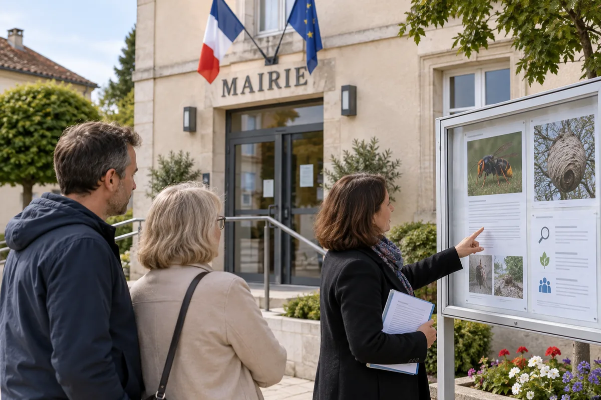 Des personnes consultent un panneau d’information devant une mairie fictive.