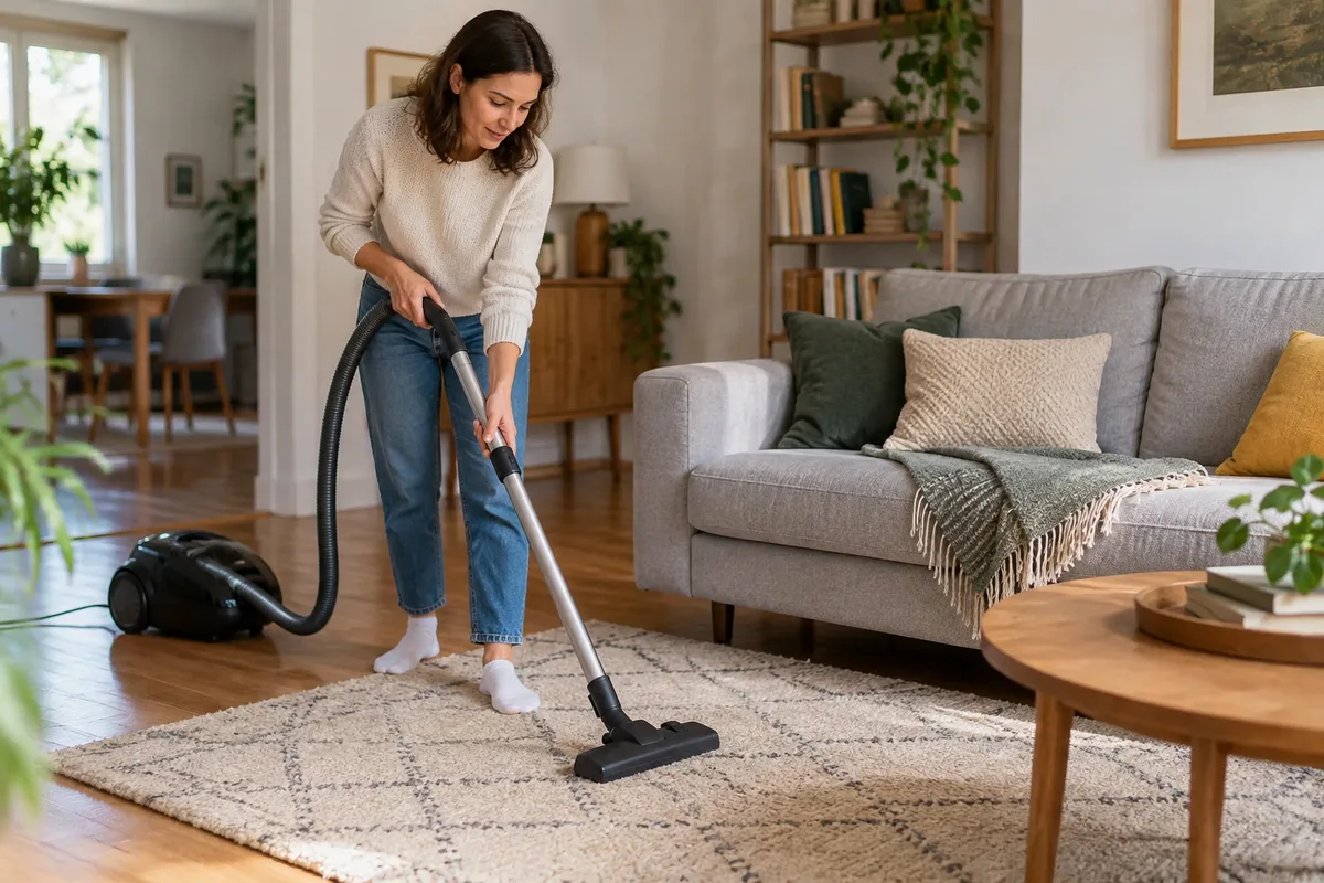 Passage de l’aspirateur sur un tapis près du canapé.