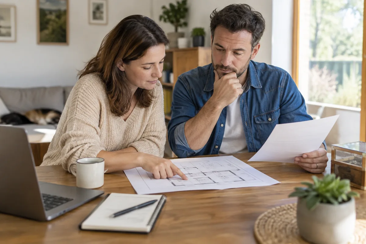 Deux adultes examinent un plan de logement et un devis sur une table.