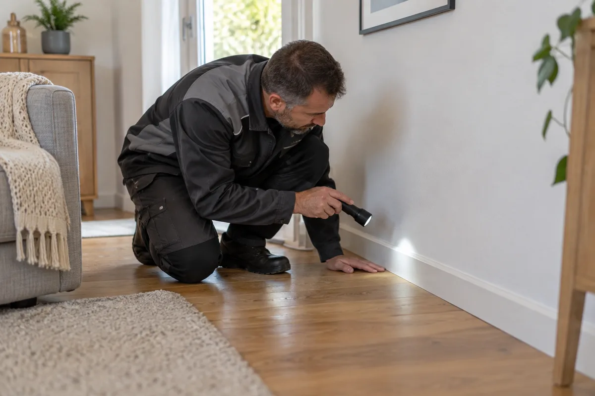 Technicien observant une plinthe avec une lampe.
