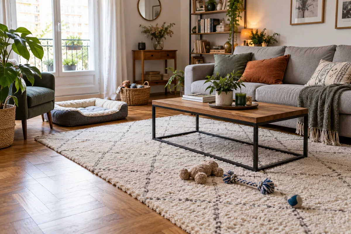 Salon avec canapé, tapis et parquet à examiner avant un traitement des puces.