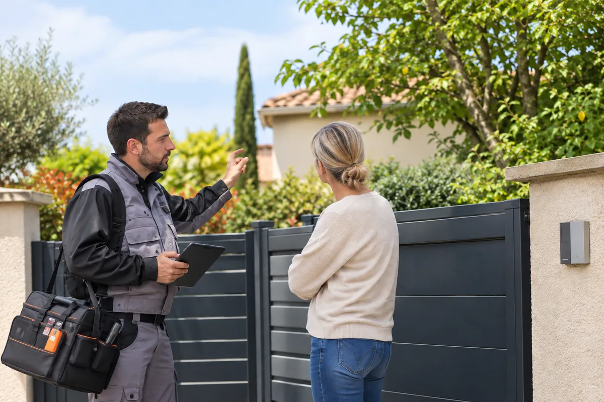 Technicien et propriétaire discutent devant un portail.