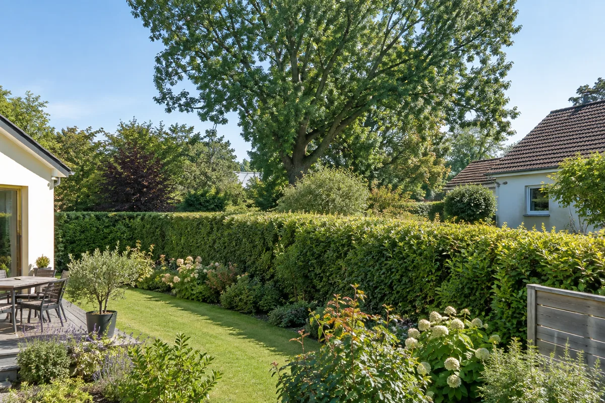 Haie séparant deux jardins avec un arbre en arrière-plan.