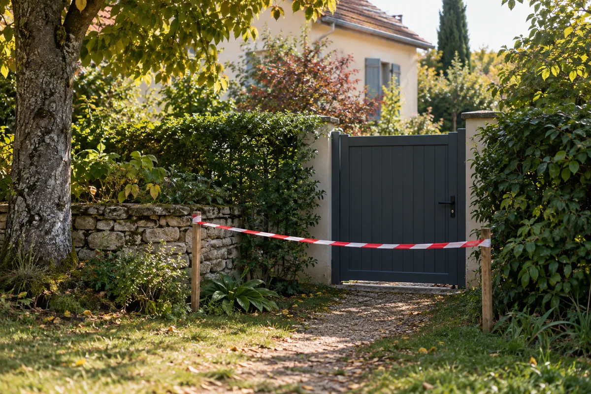 Portillon fermé et passage balisé dans un jardin.