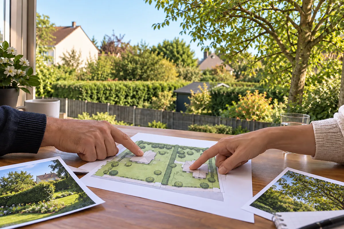 Deux personnes indiquent les accès sur un plan de jardins.