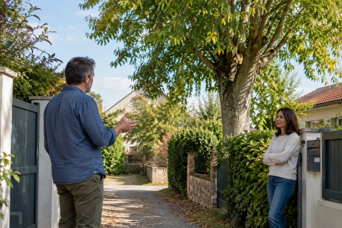 Deux voisins échangent dans une allée entre leurs jardins.