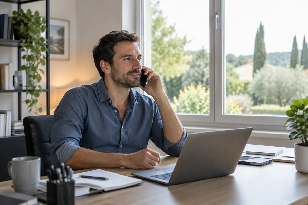 Décrire les accès au professionnel Adulte fictif téléphone à son bureau devant une fenêtre fermée donnant sur un jardin lointain.