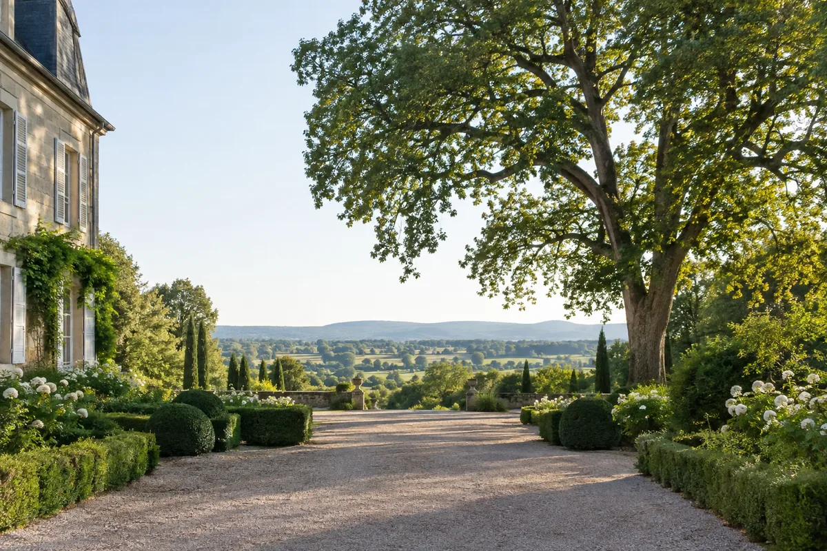 Évaluer l’environnement du nid Grand arbre vu depuis une allée de jardin français, vue très large, aucune personne.