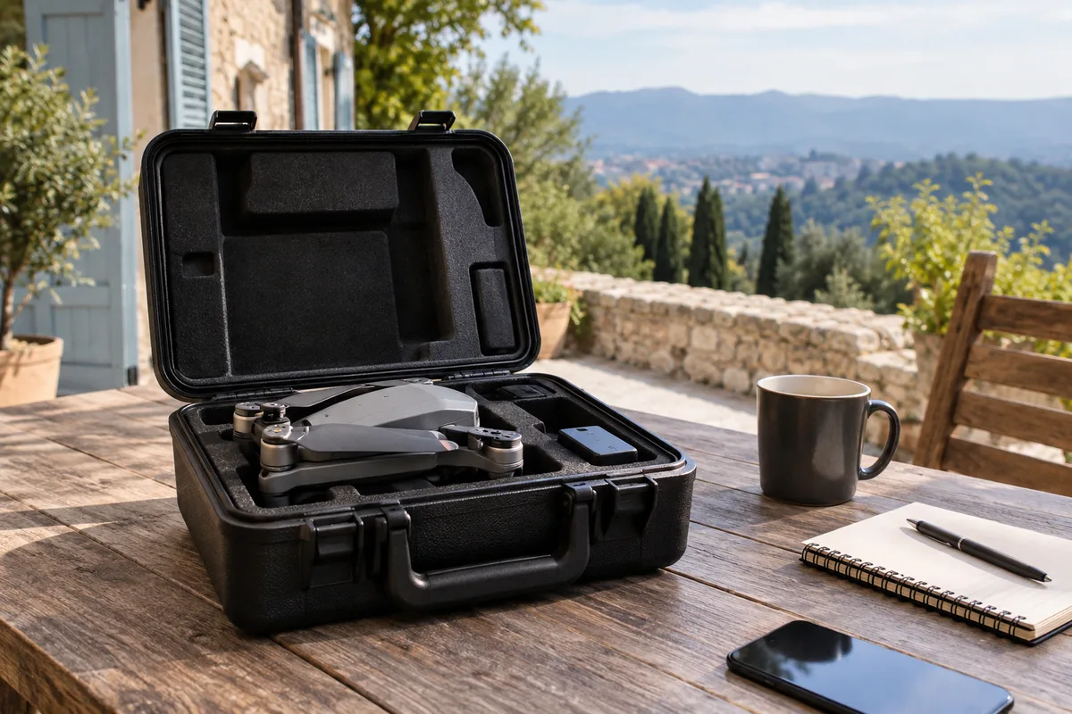 Distinguer repérage et traitement Drone photographique replié et éteint posé dans sa mallette ouverte sur une table, aucun dispositif chimique.