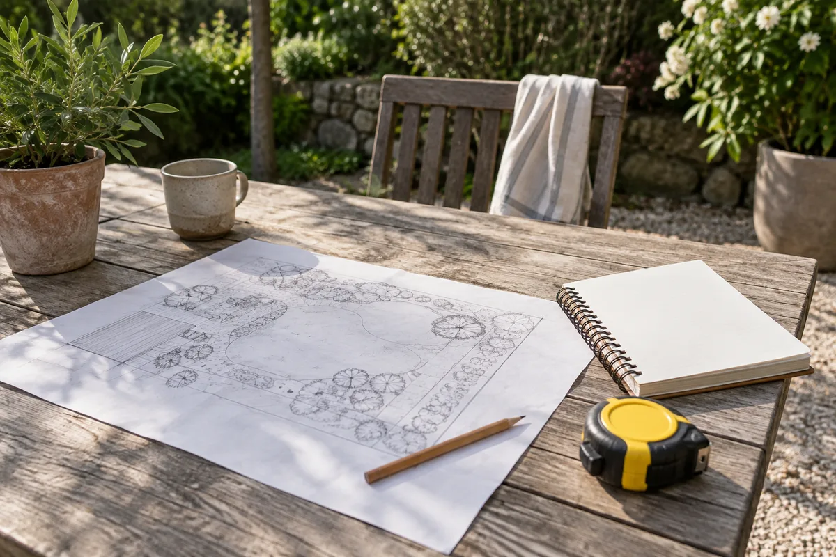 Préparer la visite technique Plan simple d’un jardin tracé au crayon sur une table, carnet vierge, mètre ruban fermé.