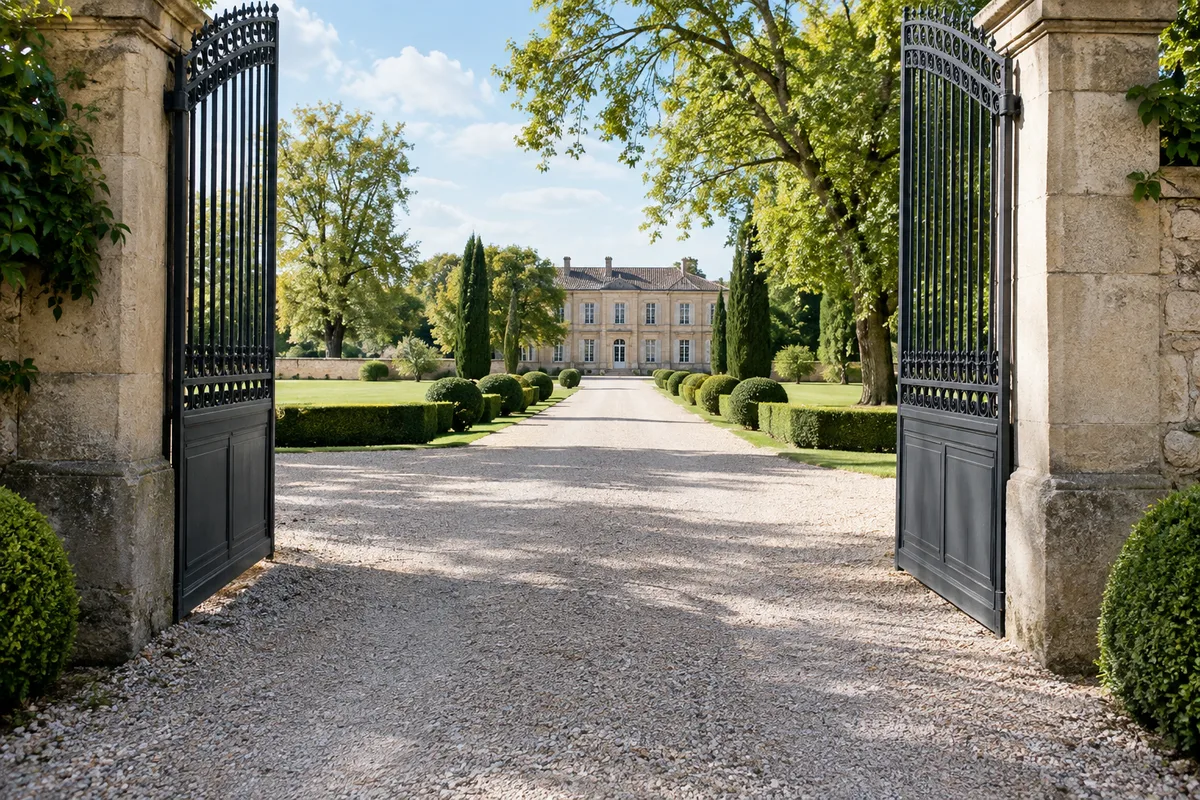 Vérifier le passage des équipements Grand portail ouvert donnant sur une allée de gravier et un jardin français vide.