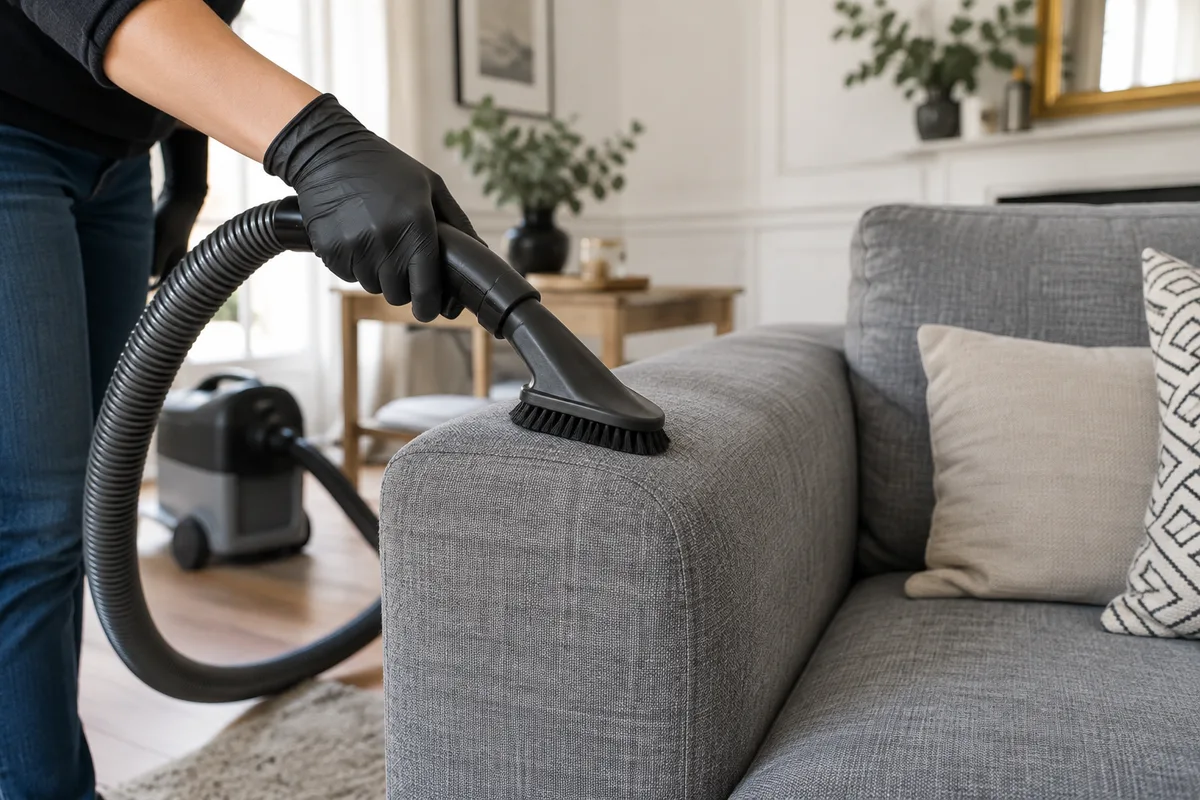 Une brosse d’aspirateur passe sur un accoudoir en tissu gris.