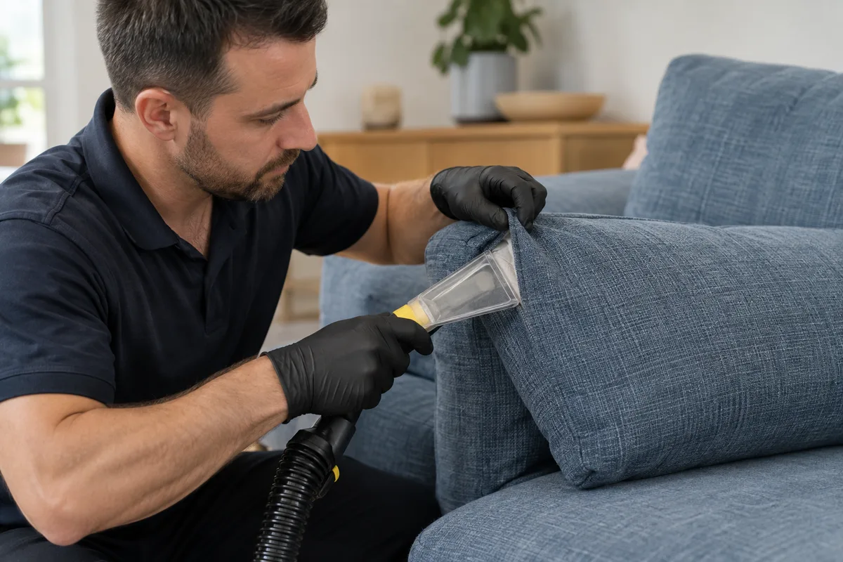 Un intervenant examine le revers d’un coussin bleu gris avec une buse textile.