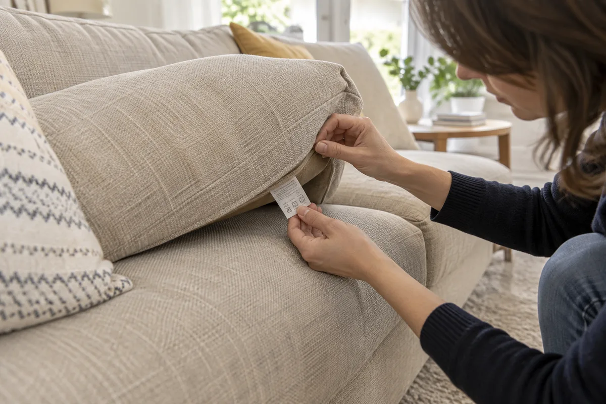 Une personne examine l’étiquette sous un coussin de canapé beige.