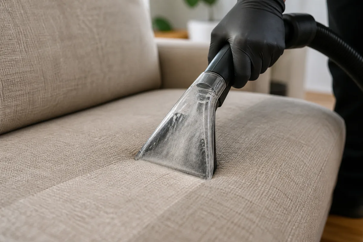 Une buse transparente est appliquée sur l’assise beige d’un canapé.