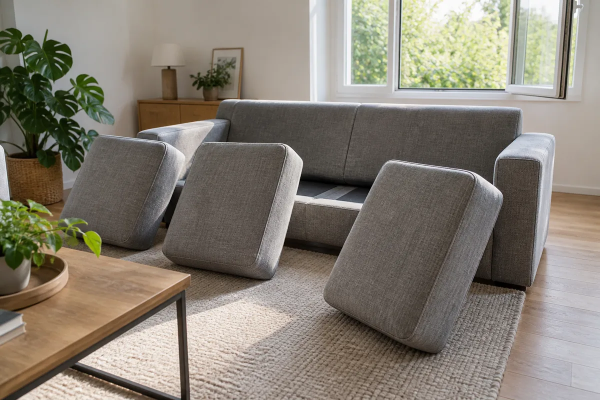 Des coussins gris sont séparés devant un canapé dans une pièce aérée.