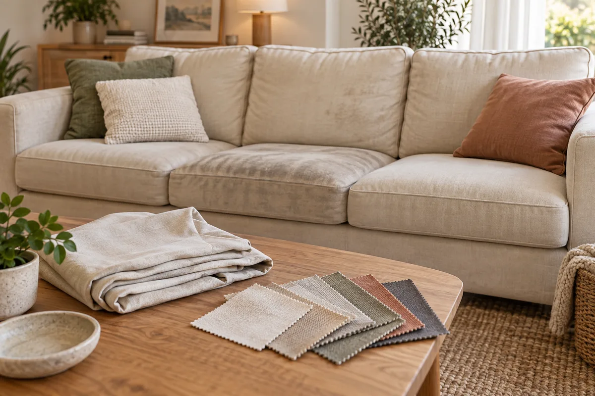 Une housse pliée et des échantillons de tissu devant un canapé beige.