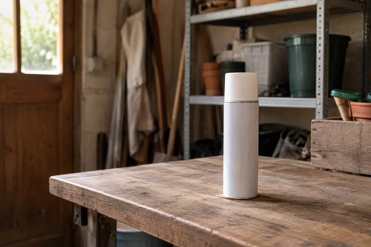 Un aérosol générique fermé par son capuchon, étiquette neutre illisible, seul sur une table dans une remise.