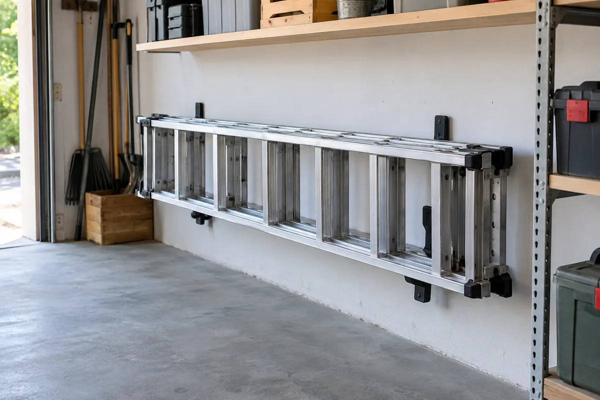 Échelle aluminium repliée et rangée horizontalement sur des supports dans un garage propre, aucune personne.