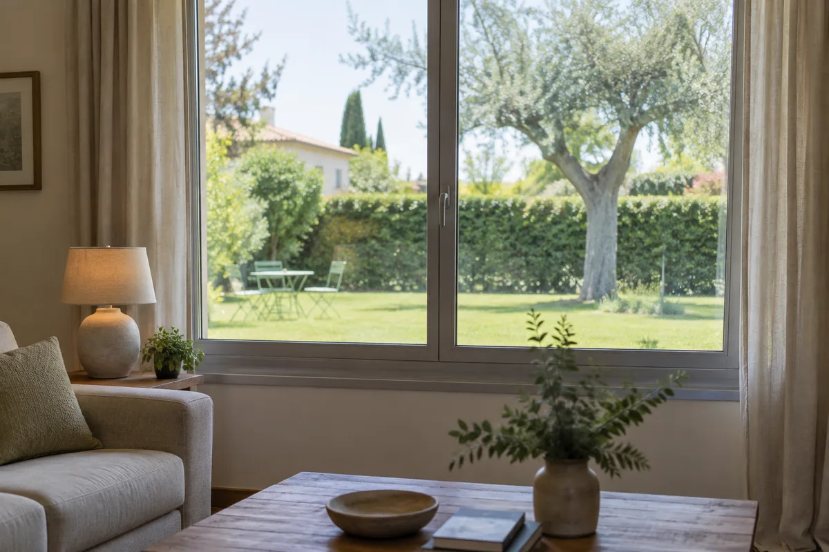 Vue depuis un salon à travers une fenêtre fermée, jardin vide et arbre éloigné.