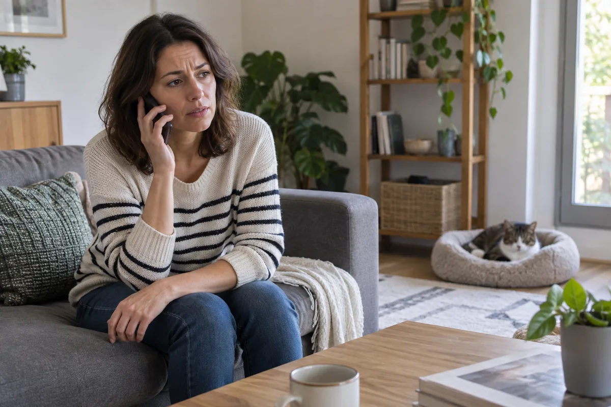 Une personne téléphone dans un salon avec un chat à proximité.