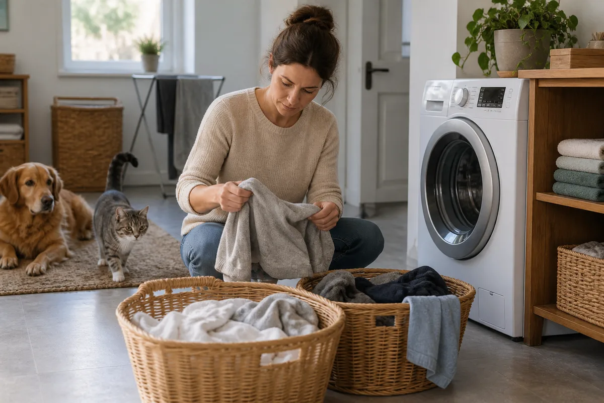 Préparation du linge près d’une machine à laver.