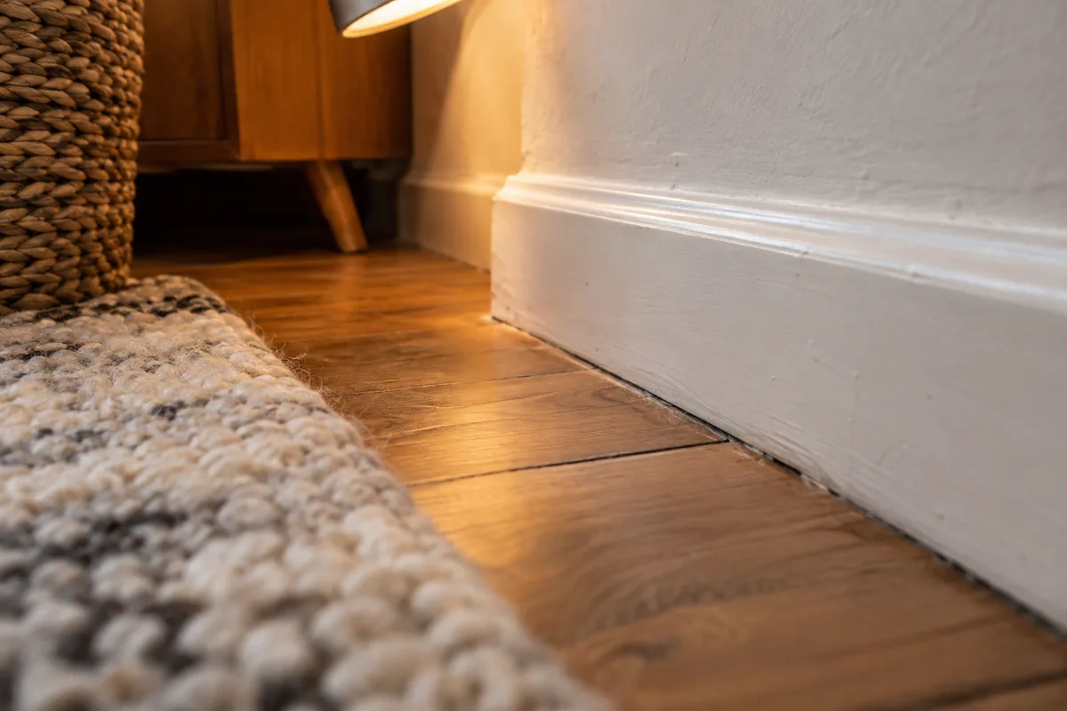 Angle entre une plinthe, un parquet et le bord d’un tapis.