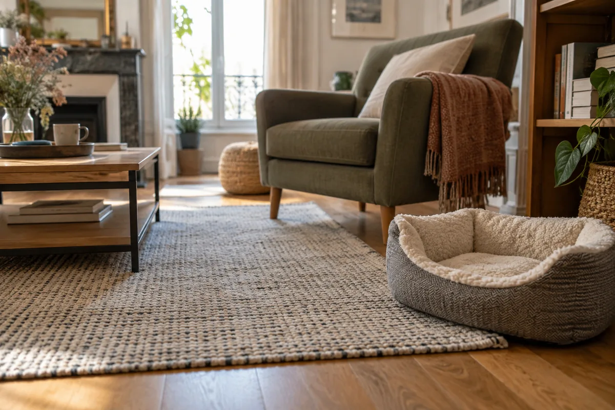 Salon avec tapis, fauteuil et panier pour animal.