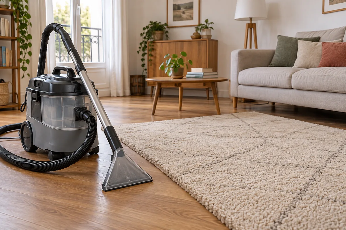 Un injecteur-extracteur générique est placé près d’un tapis dans un salon.