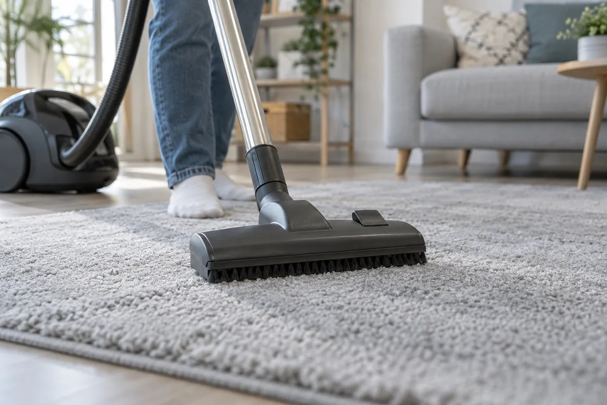 Une brosse d’aspirateur passe sur un tapis gris à poils courts.