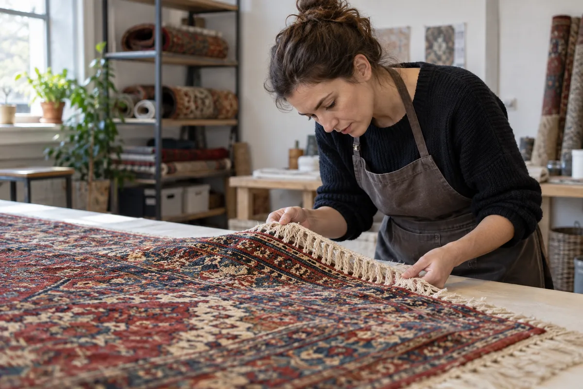 Une professionnelle examine les franges d’un tapis multicolore en atelier.