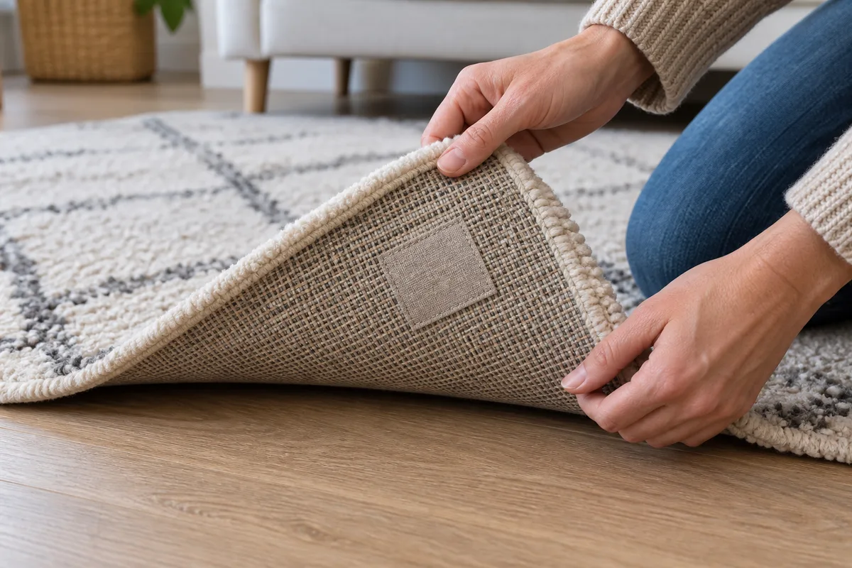 Deux mains soulèvent un coin de tapis pour examiner son dos et son étiquette.