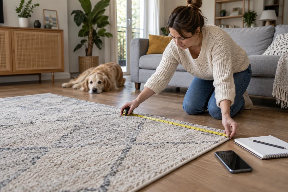 Une personne mesure un tapis à l’aide d’un mètre ruban.
