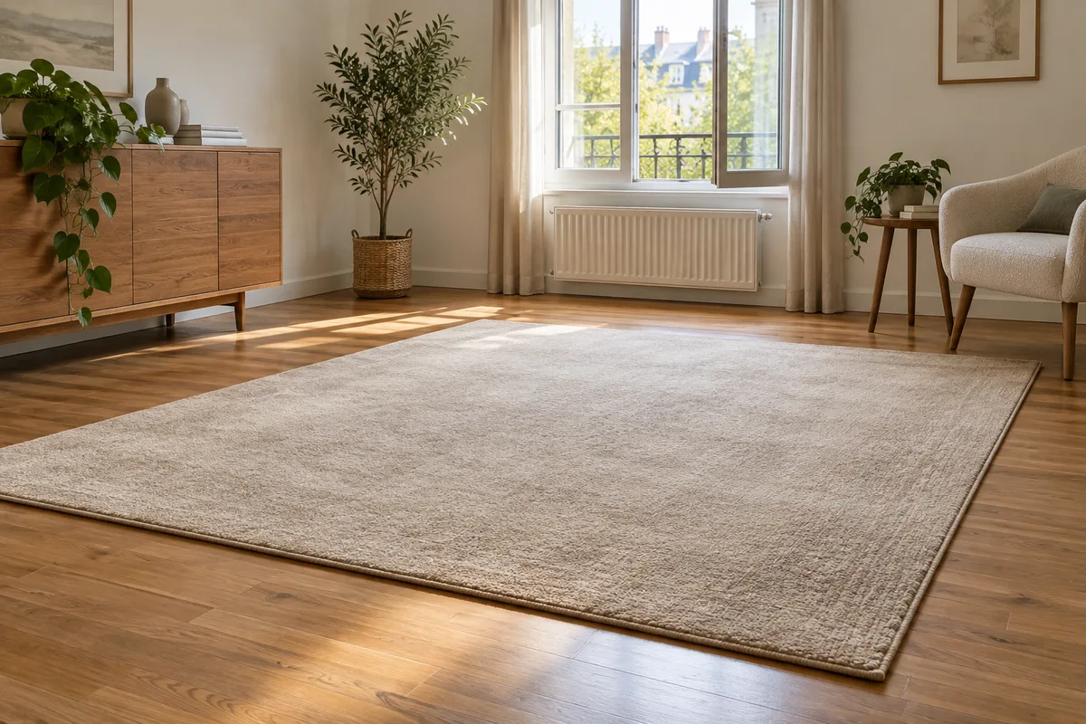 Une pièce dégagée avec un tapis beige et une fenêtre entrouverte.