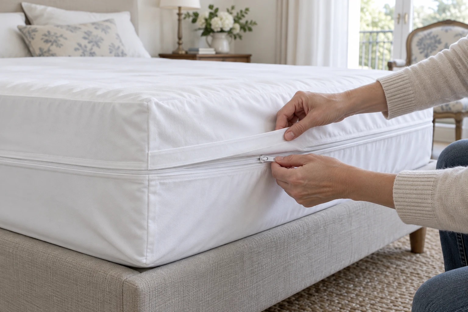 Contrôle de la fermeture d’une housse intégrale Mains vérifiant le zip d’une housse blanche enveloppant un matelas