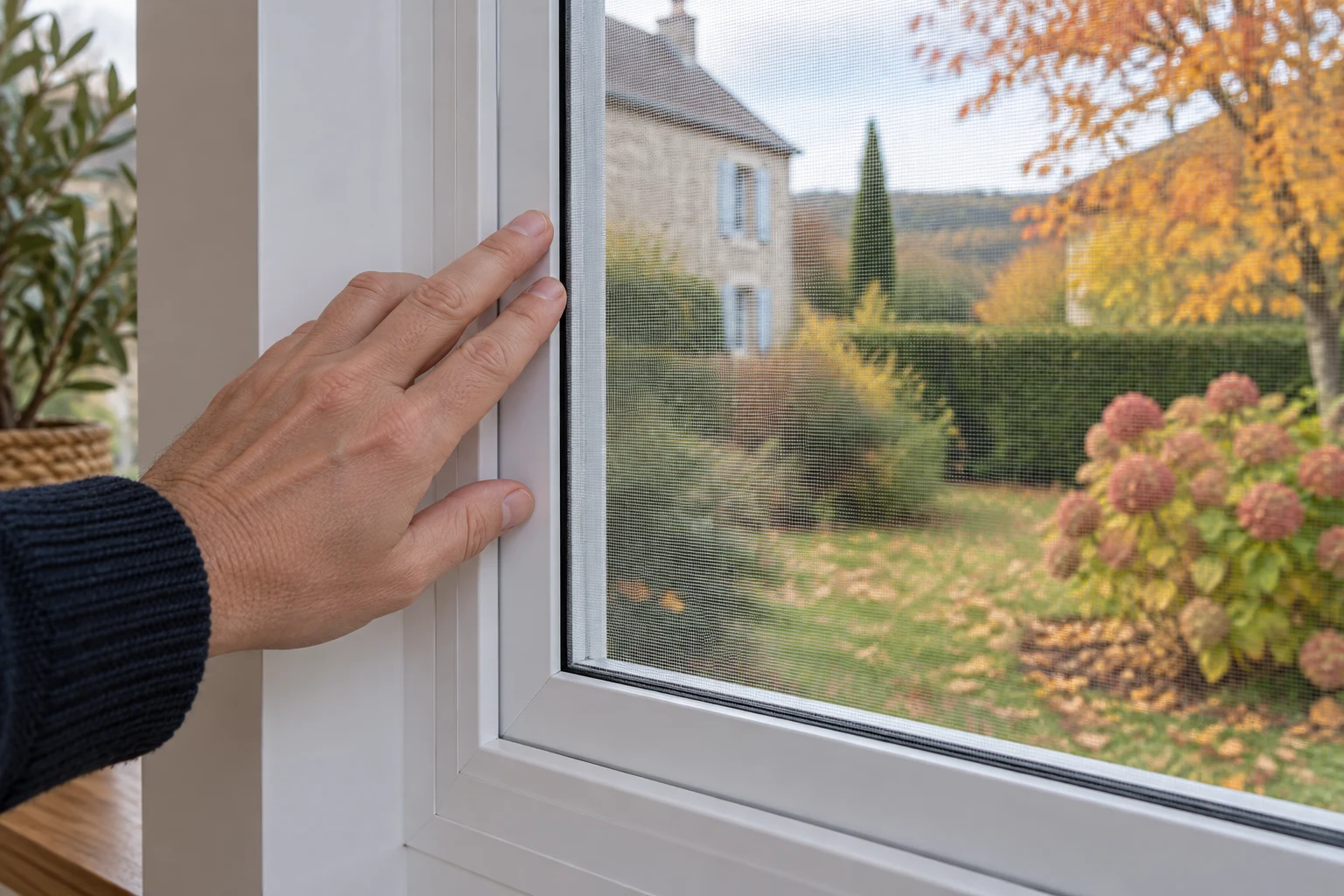 Vérification d’une moustiquaire de fenêtre Main contrôlant le cadre d’une moustiquaire devant un jardin en automne
