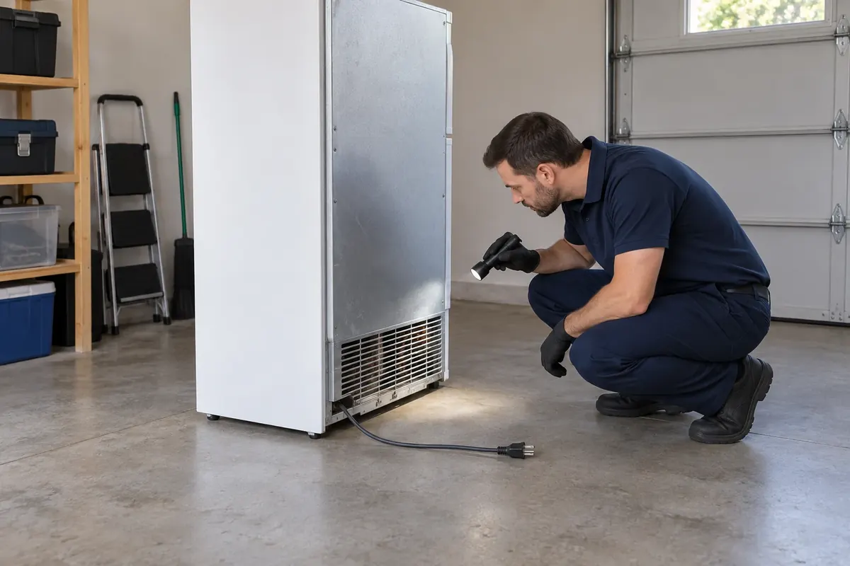 Technician examining the rear grille of a disconnected refrigerator by the lamp