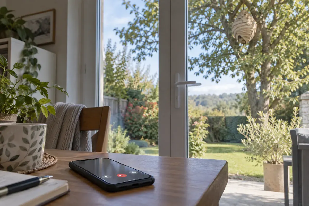 Contacter un interlocuteur à distance Un téléphone est posé à l’intérieur devant une porte-fenêtre fermée donnant sur un jardin.