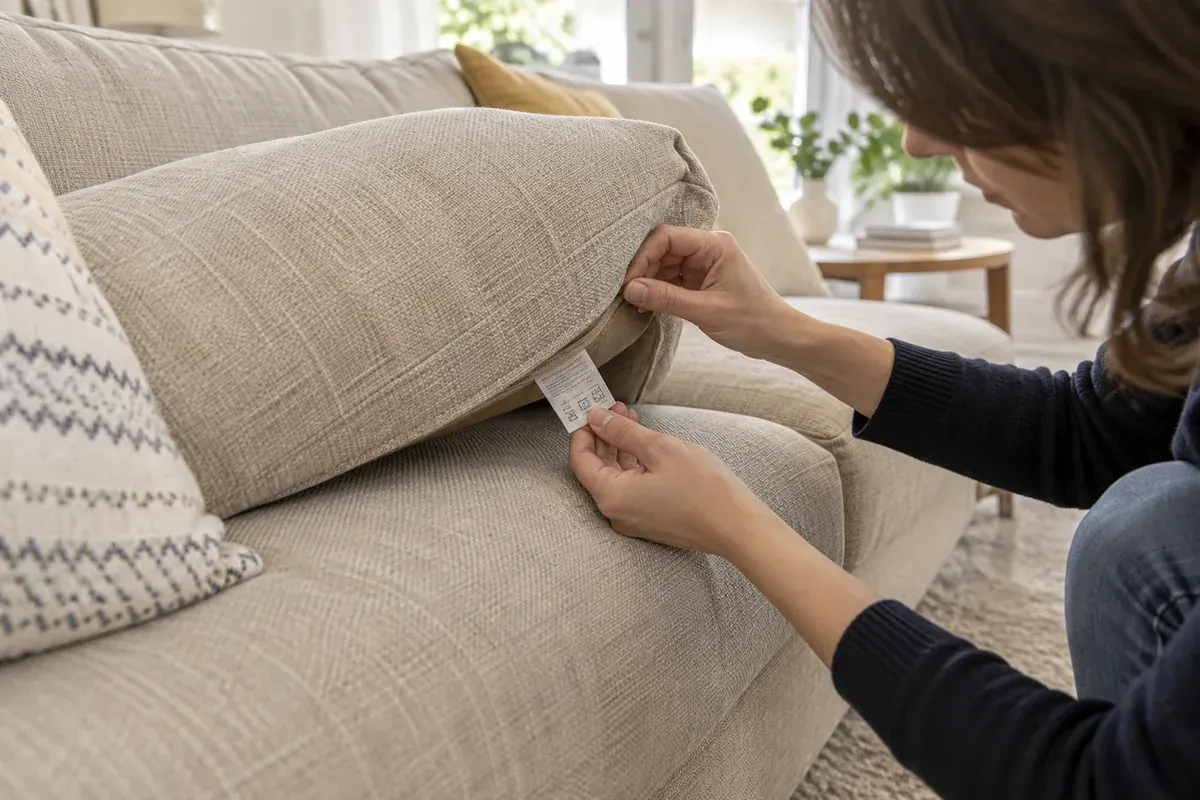 Une personne examine l’étiquette sous un coussin de canapé beige.