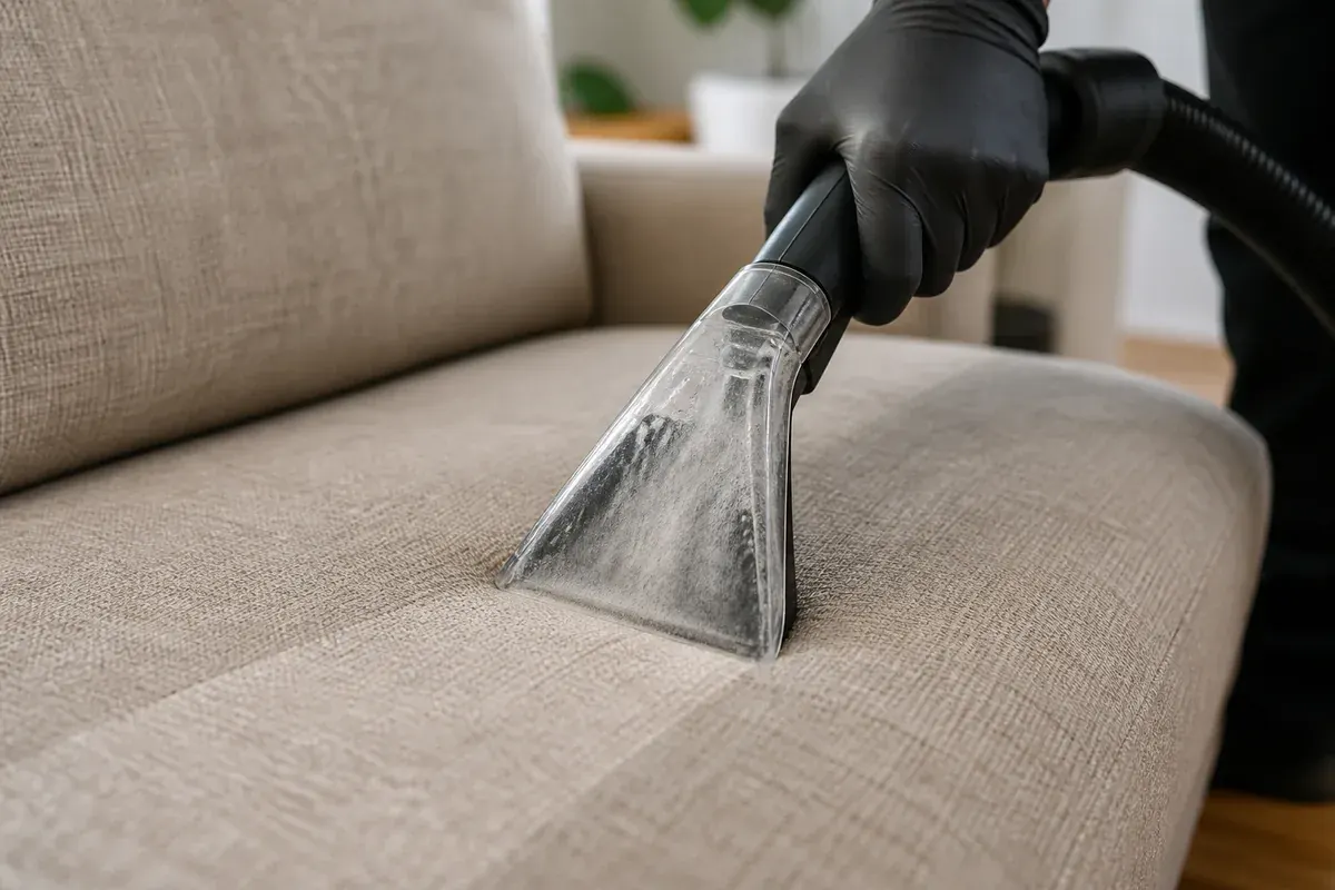 Une buse transparente est appliquée sur l’assise beige d’un canapé.