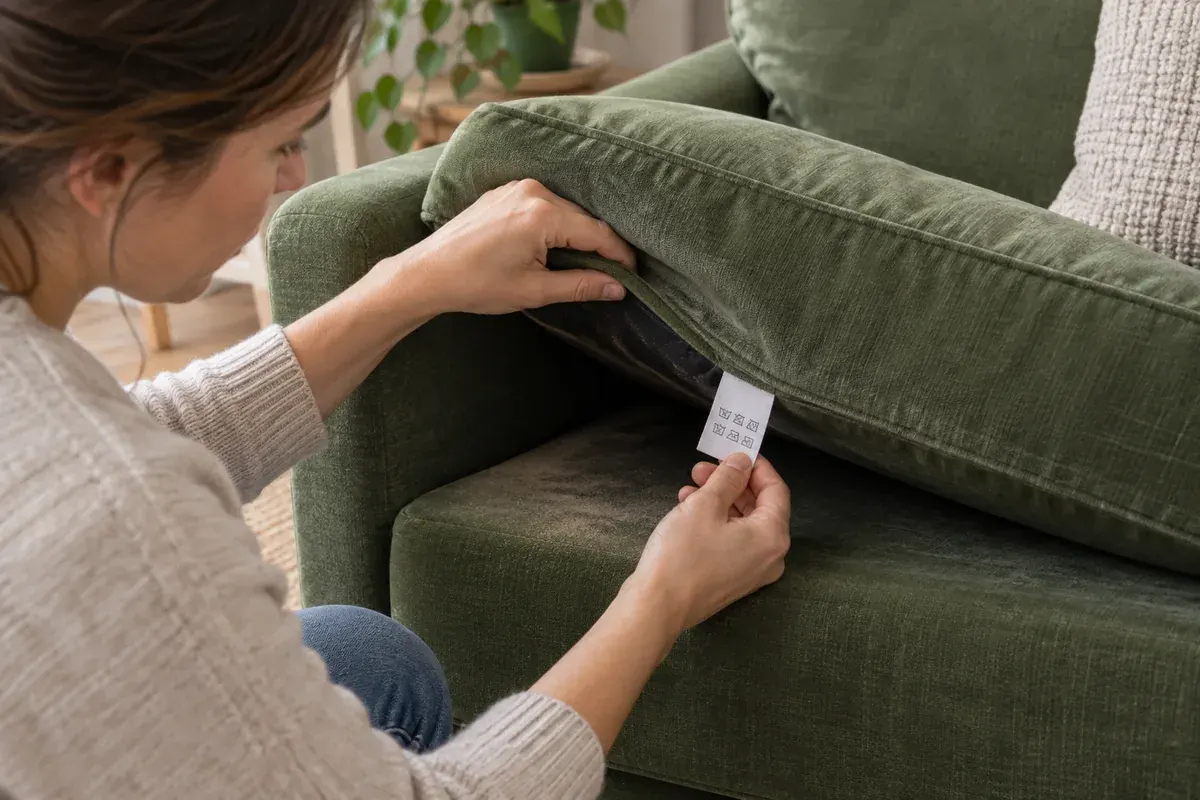 One person looks at a label under the cushion of a green sofa.