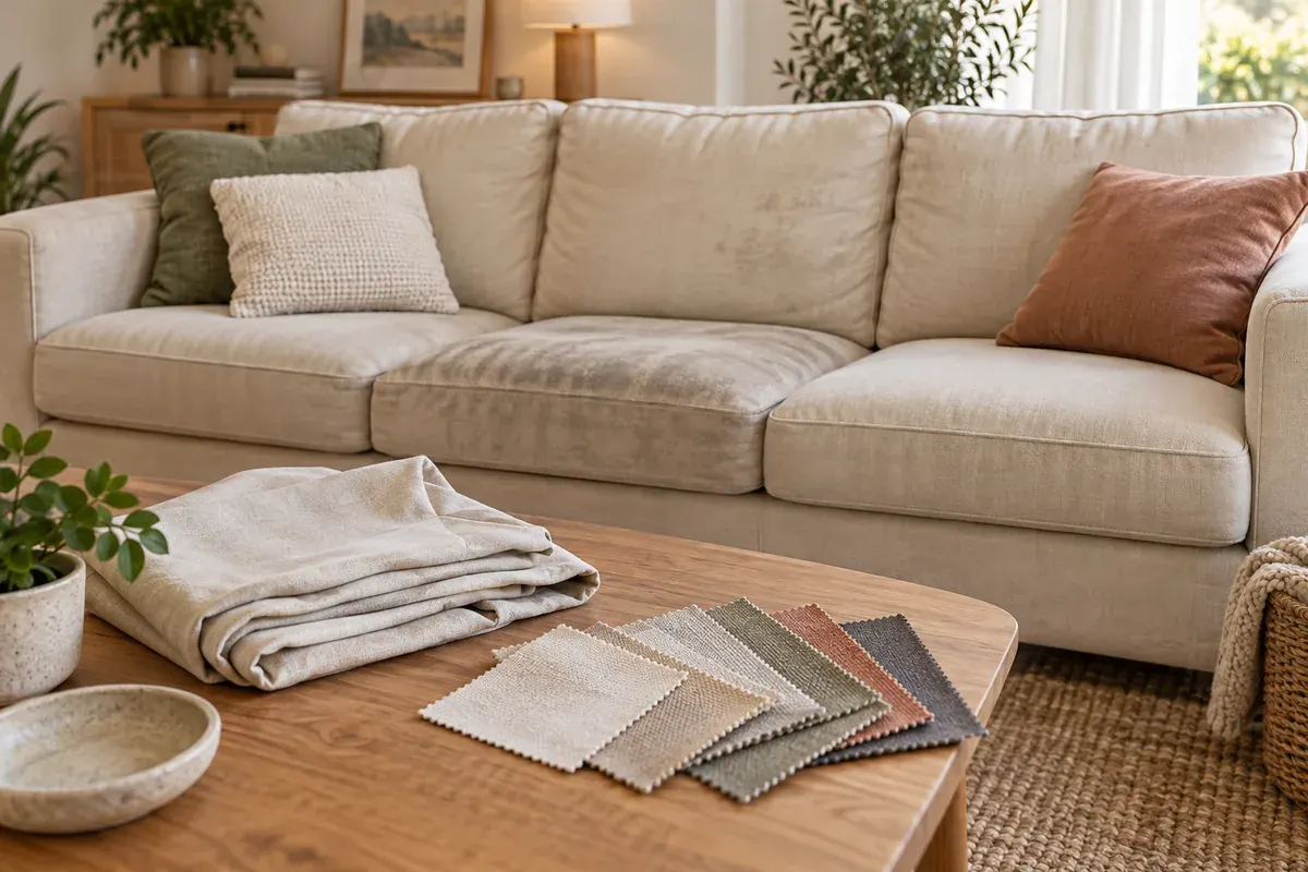 A folded cover and fabric samples in front of a beige sofa.