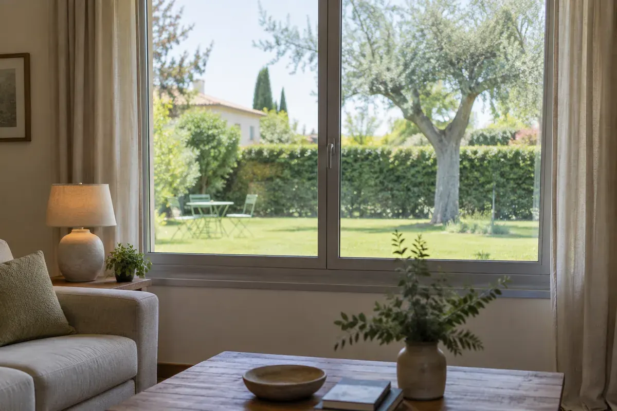 Vue depuis un salon à travers une fenêtre fermée, jardin vide et arbre éloigné.